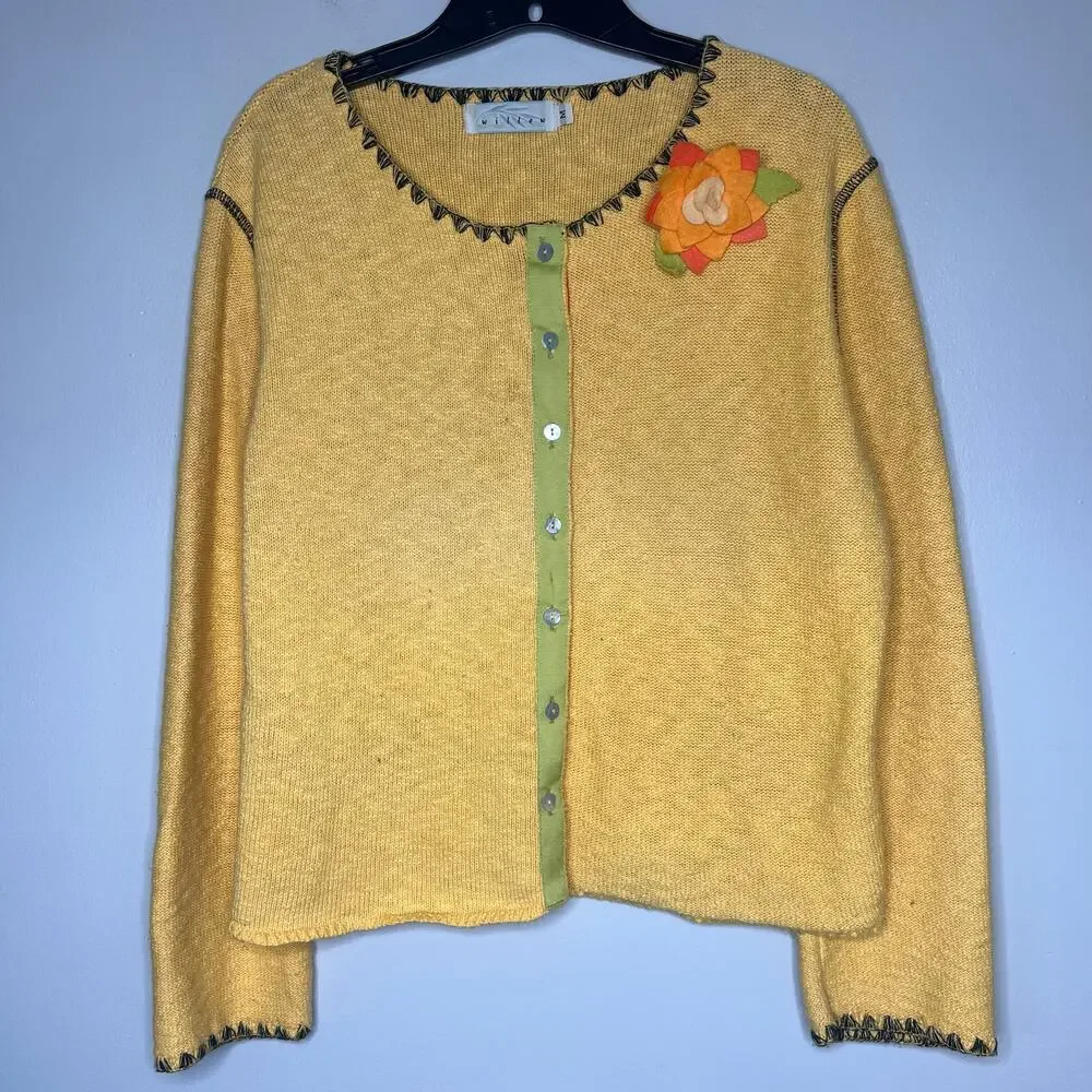 VTG Yellow Knit Button Front Cardigan Sweater Floral Applique Sz M Boho Eclectic